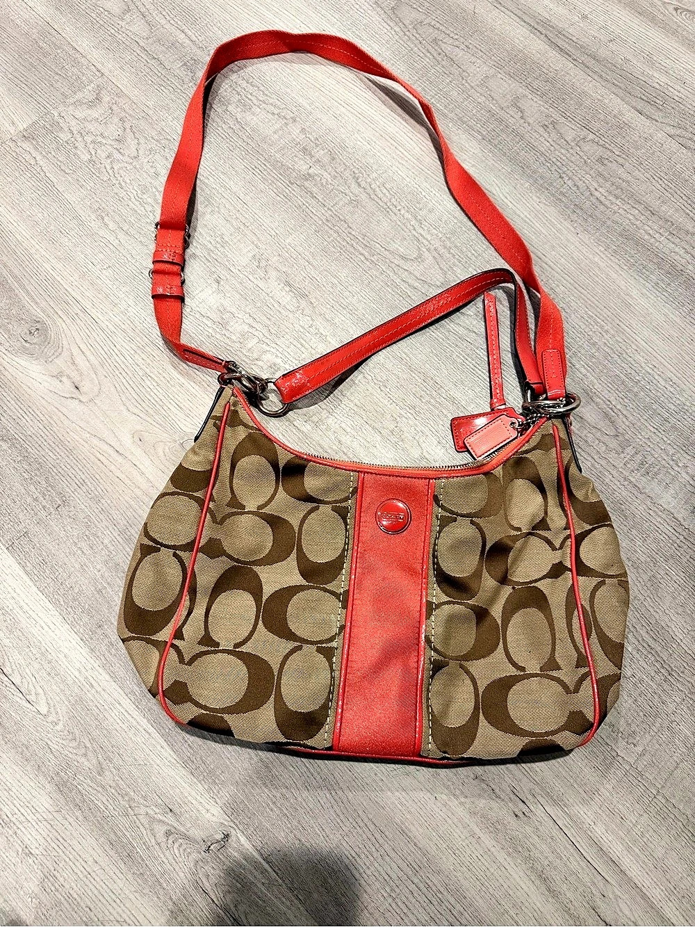 VINTAGE Coach Signature Stripe Hobo Shoulder Bag Brown & Coral
